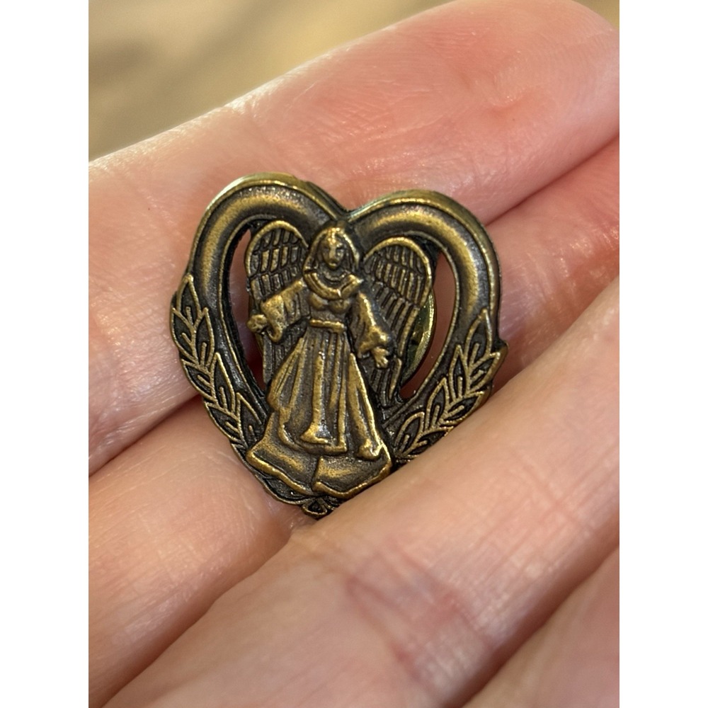 Brass Tone D D Marketing Embossed Detail Angel In Heart Tie Lapel Pin .80"